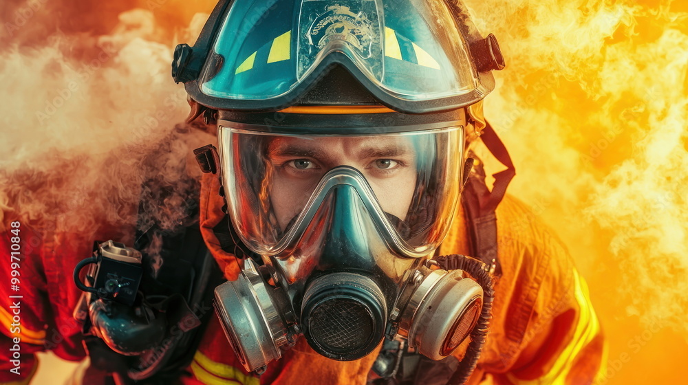 Firefighter in Full Gear, Smoke and Flames Background. Firefighter in Full Gear, Smoke and Flames Background.
