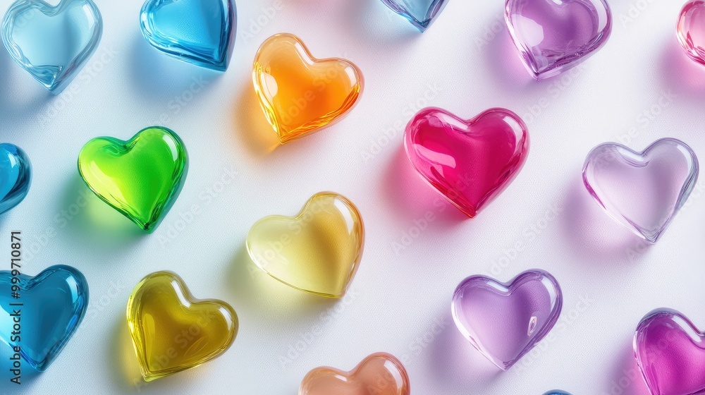A collection of colorful glass 3D hearts scattered across a sleek, minimalist background, creating a bold and dynamic wallpaper. No people. A collection of colorful glass 3D hearts scattered across a sleek, minimalist background, creating a bold and dynamic wallpaper. No people.