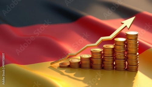  Economic growth and prosperity symbolized by a rising arrow and stacks of coins