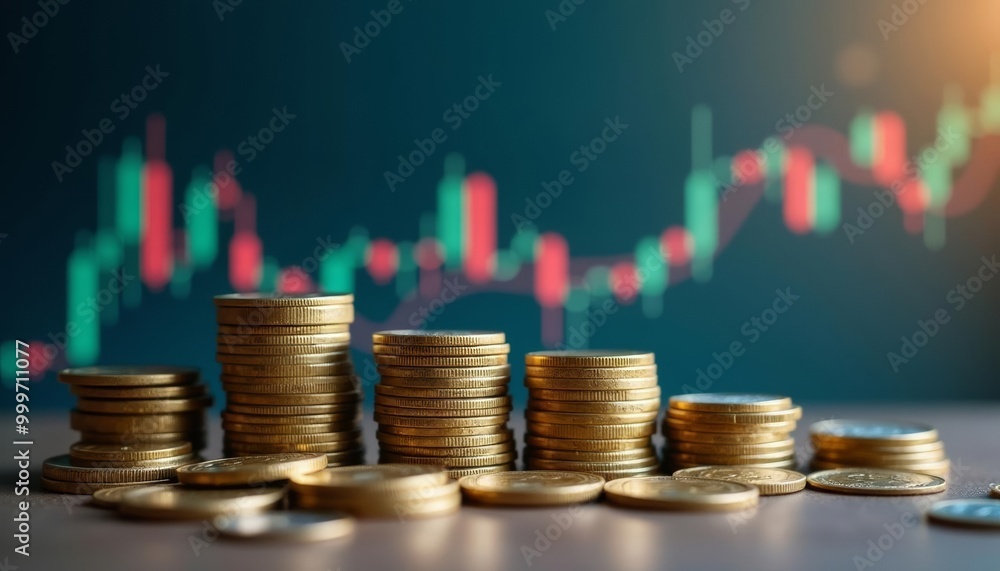 Prosperity in motion A stack of gold coins with a blurred stock market chart in the background Prosperity in motion A stack of gold coins with a blurred stock market chart in the background