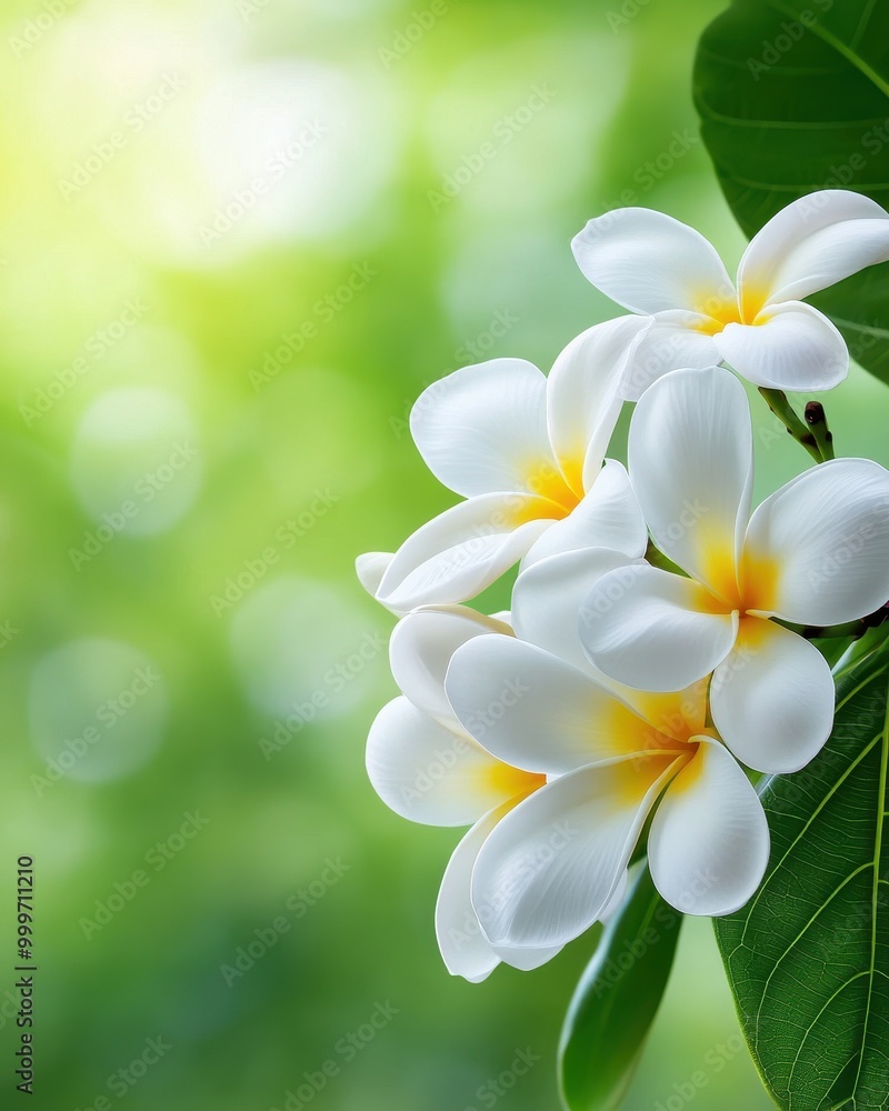 Naklejka premium Bright Frangipani Blooms Against Tropical Background