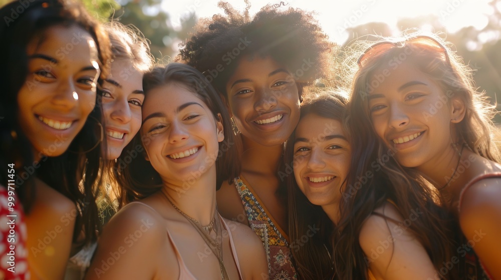 Fototapeta premium A diverse group of young women, all smiling and standing close