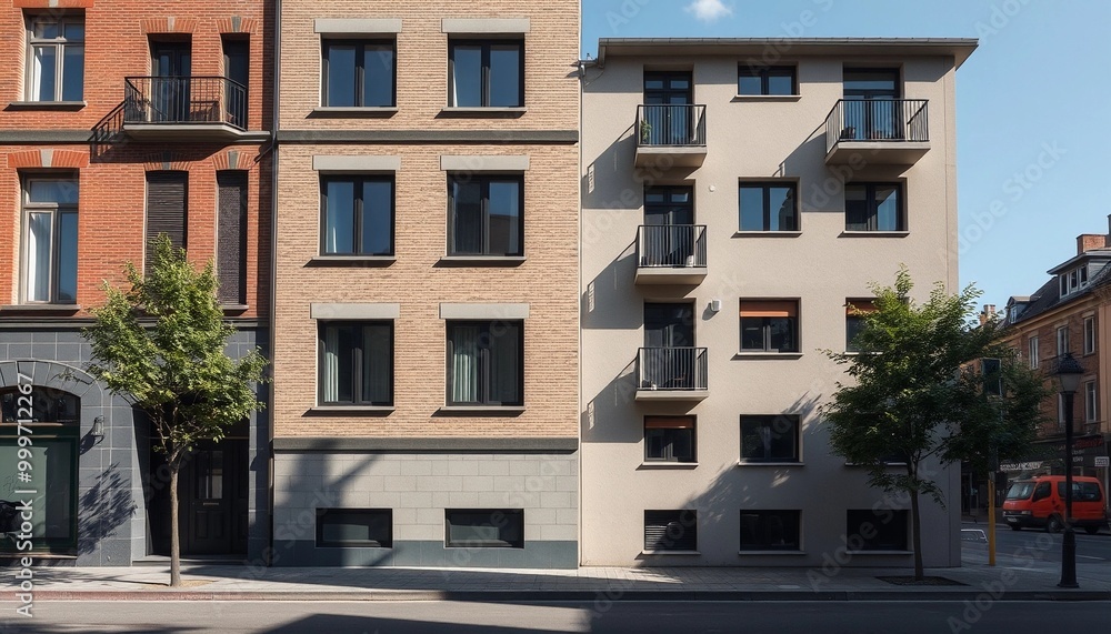 Fototapeta premium Modern Residential Apartment Buildings with Balconies and Trees 