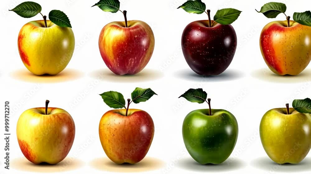 Eight apples of different colors are shown against a white background Eight apples of different colors are shown against a white background