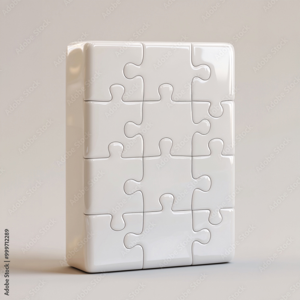 mock-up, white rectangular cube box, composed of jigsaw puzzle pieces. a clean and smooth appearance with rounded edges, a closed container, with each side showing interconnected puzzle pieces mock-up, white rectangular cube box, composed of jigsaw puzzle pieces. a clean and smooth appearance with rounded edges, a closed container, with each side showing interconnected puzzle pieces