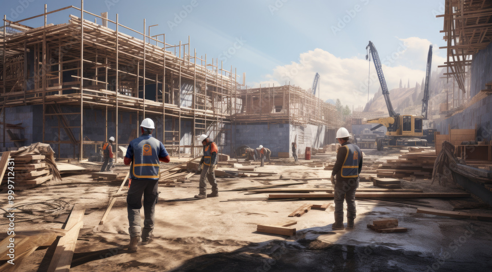 A group of construction workers can be observed standing in front of a building that is currently under construction and progress A group of construction workers can be observed standing in front of a building that is currently under construction and progress