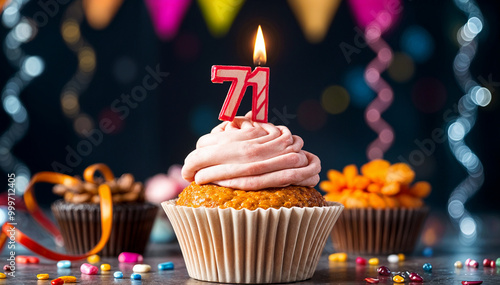 Birthday cupcake with burning lit candle with number 71. Number seventy-one for seventy-one years or seventy-first anniversary. photo