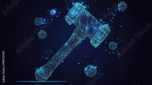 Digital Judge Gavel with Flying Debris in Low Poly Wireframe Style - Vector Mesh Illustration Symbolizing Justice and Legal Decisions