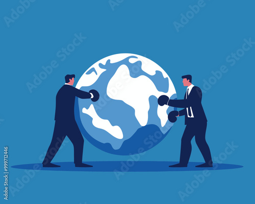 Conflict Management Leadership: Businessman Mediating Boxing Globe Fight to Resolve Argument and Achieve Compromise in Flat Minimalist Vector