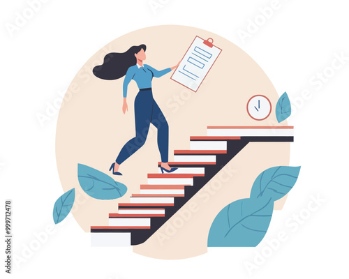 Smart Businesswoman Climbing Checklist Stairs for Career Development and Business Target Achievement, Professional Skills Growth, Flat Minimalist Vector Illustration