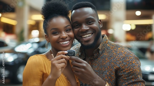 A joyful Black family couple proudly displaying their new car key while smiling at the camera in a dealership showroom. The happy spouses embrace each other near their new automobile photo