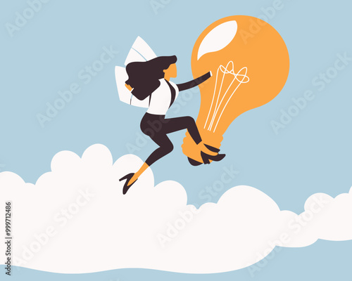 Confident Businesswoman Flying with Lightbulb Jetpack, Creative Innovation Boosting Productivity and Career Development, Business Growth Vector Concept