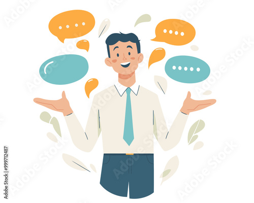 Confident Businessman Public Speaking with Speech Bubbles Flat Minimalist Vector Illustration for Verbal Communication and Storytelling