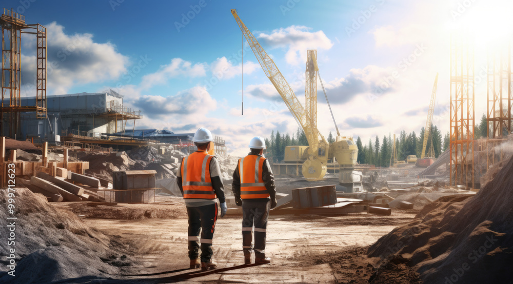 Two construction workers, clad in safety gear, are standing on a bustling construction site, gazing up at a large crane towering above them Two construction workers, clad in safety gear, are standing on a bustling construction site, gazing up at a large crane towering above them