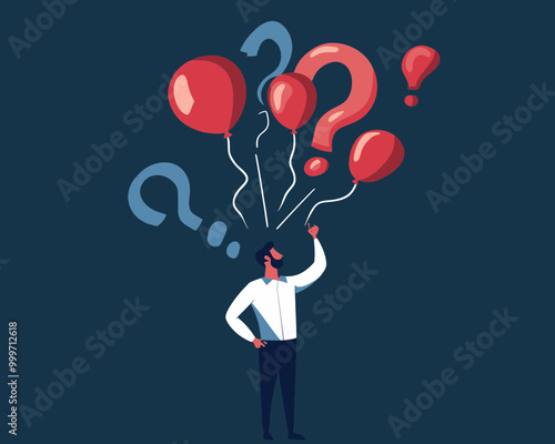 Doubtful Businessman Holding Question Mark Balloons Looking for Solutions, Problem Solving, and Curiosity Concept in Flat Minimalist Style