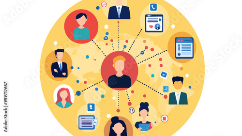 Illustration of Social Media Connection and Networking Concept with Diverse People Profiles in a Global Circular Icon