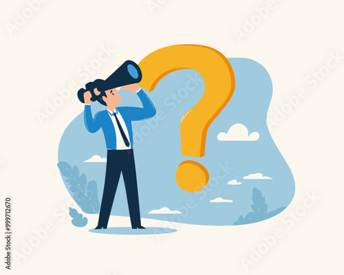 Curious Businessman Searching for New Business Opportunities, Success Concepts, and Solutions with Binoculars and Huge Question Mark, Flat Minimalist SVG Vector Illustration