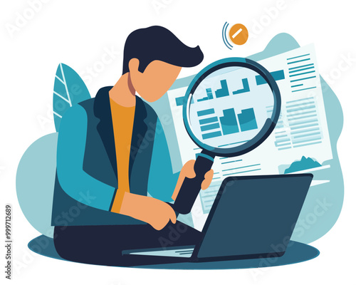 Business Data Analysis Concept - Businessman with Magnifying Glass Analyzing Market Research and Financial Report on Laptop - SEO and Profit Earnings Flat Minimalist Illustration
