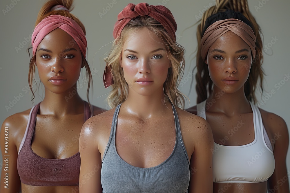 A diverse group of women in athletic wear, promoting body positivity and fitness A diverse group of women in athletic wear, promoting body positivity and fitness