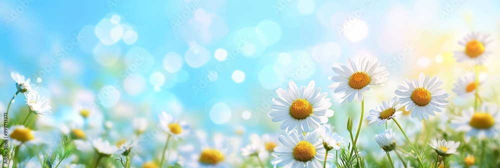 A vibrant field of daisies blooming under a clear blue sky in springtime, illuminated by warm sunlight A vibrant field of daisies blooming under a clear blue sky in springtime, illuminated by warm sunlight