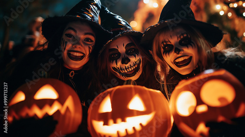 Colorful halloween and Day of the Dead face paint festival celebration, showing intricate makeup, festive costume, and vibrant skull face art in a cultural party setting