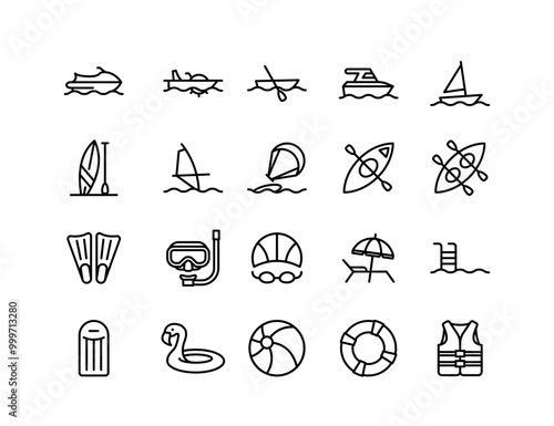 Water recreation, sport and other activities icon set with adjustable line weight for depicting various lake, sea, ocean, river, pool activities.