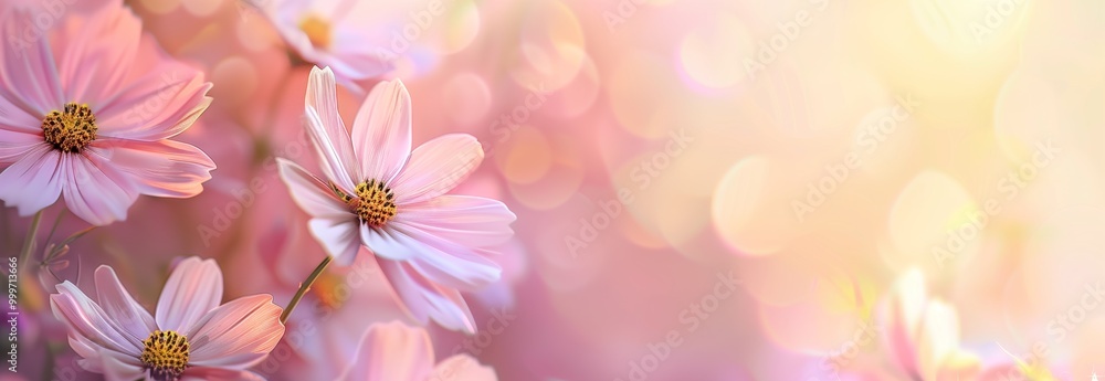 Soft pink flowers blooming in a sunlit garden during springtime surrounded by a dreamy bokeh background Soft pink flowers blooming in a sunlit garden during springtime surrounded by a dreamy bokeh background