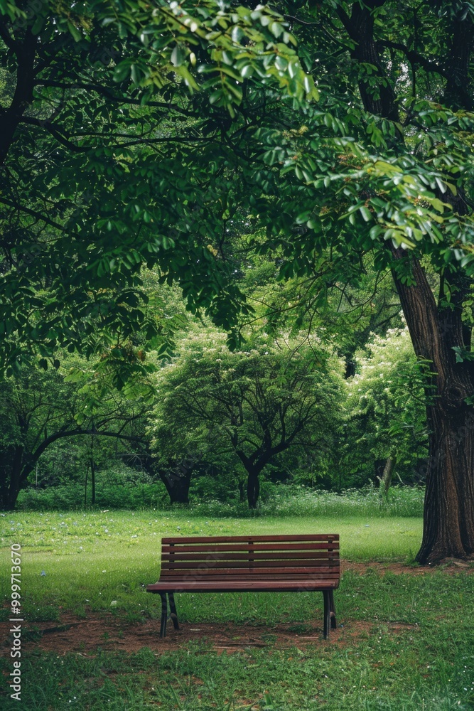 A simple wooden bench sits beneath the shade of a tree in a peaceful park setting, perfect for relaxation or contemplation A simple wooden bench sits beneath the shade of a tree in a peaceful park setting, perfect for relaxation or contemplation