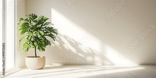 Scandinavian minimalistic home light white interior with green plant