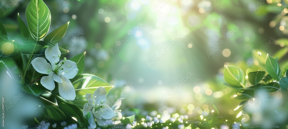 A serene forest scene featuring fresh white flowers illuminated by gentle sunlight during a peaceful morning in spring A serene forest scene featuring fresh white flowers illuminated by gentle sunlight during a peaceful morning in spring