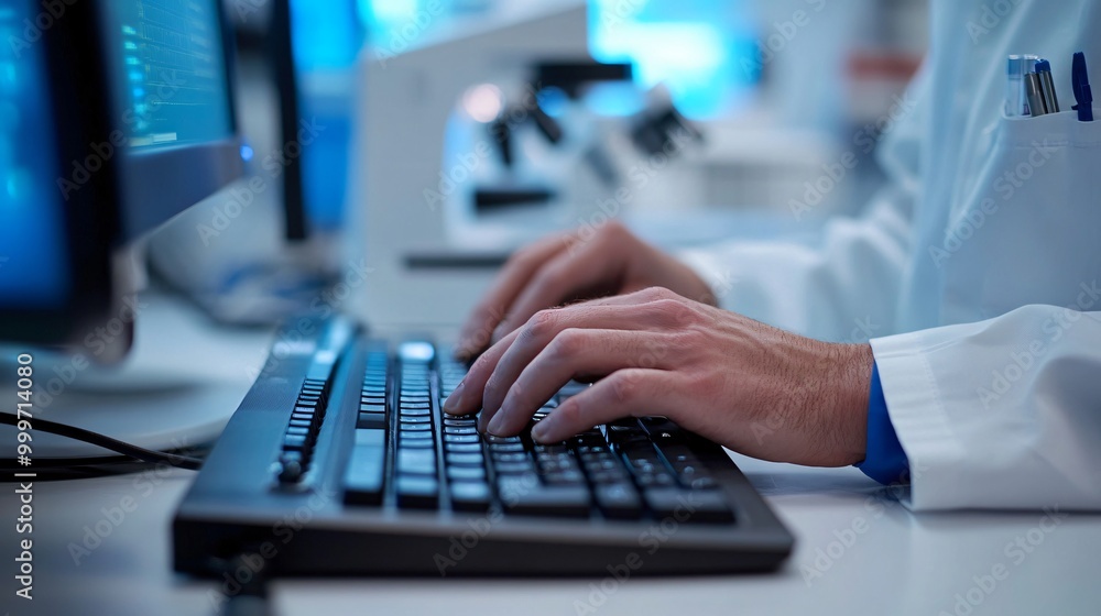 Close-up of a hand typing on a keyboard in a laboratory setting. Close-up of a hand typing on a keyboard in a laboratory setting.