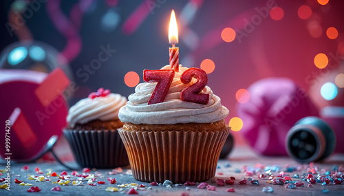 Birthday cupcake with burning lit candle with number 72. Number seventy-two for seventy-two years or seventy-second anniversary. photo