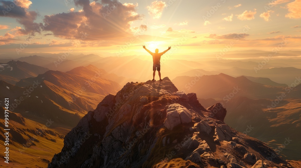 A person celebrates on a mountain peak at sunrise with arms raised, surrounded by vibrant colors and distant mountain ranges A person celebrates on a mountain peak at sunrise with arms raised, surrounded by vibrant colors and distant mountain ranges