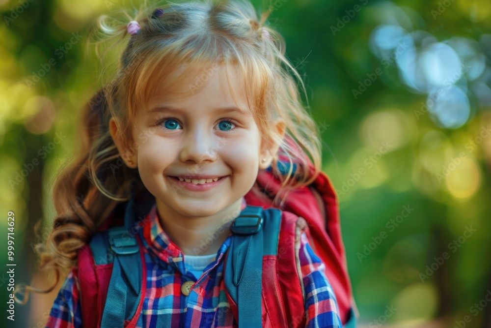 A young girl wearing a backpack and looking adventurous, perfect for use in travel or outdoor-themed projects A young girl wearing a backpack and looking adventurous, perfect for use in travel or outdoor-themed projects