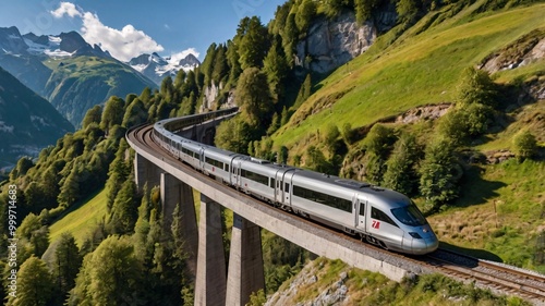 A train traveling through the mountains on a winding track
