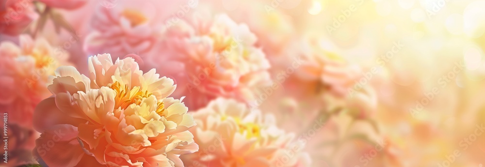 Soft pink peonies in full bloom during a warm morning light in a garden bursting with color and life Soft pink peonies in full bloom during a warm morning light in a garden bursting with color and life