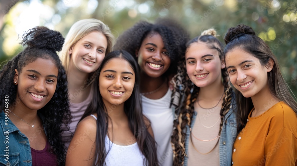 Obraz premium A group of young women from various ethnicities, all smiling and standing closely