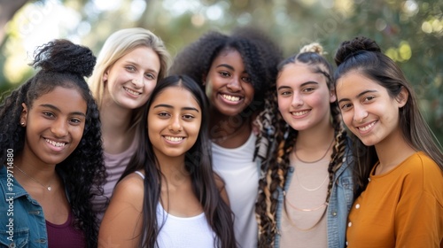 A group of young women from various ethnicities, all smiling and standing closely