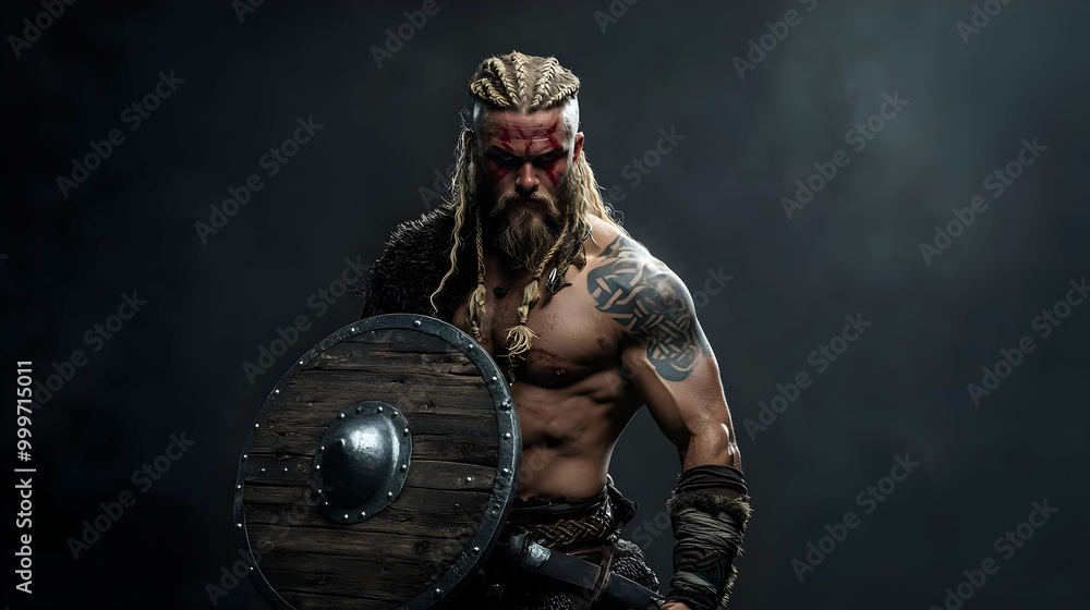 Fototapeta premium A Muscular Viking Warrior with Braids, Holding a Shield and Sword, Stands in a Dark Studio, with Smoke in the Background.