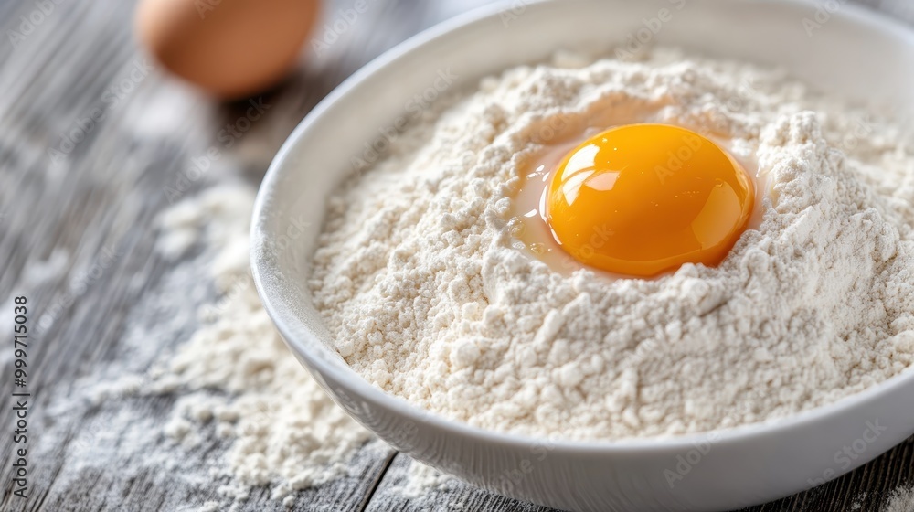 A white ceramic bowl filled with flour and a single egg yolk in the center, sitting on a wooden surface, ideal for mixing and baking various recipes. A white ceramic bowl filled with flour and a single egg yolk in the center, sitting on a wooden surface, ideal for mixing and baking various recipes.