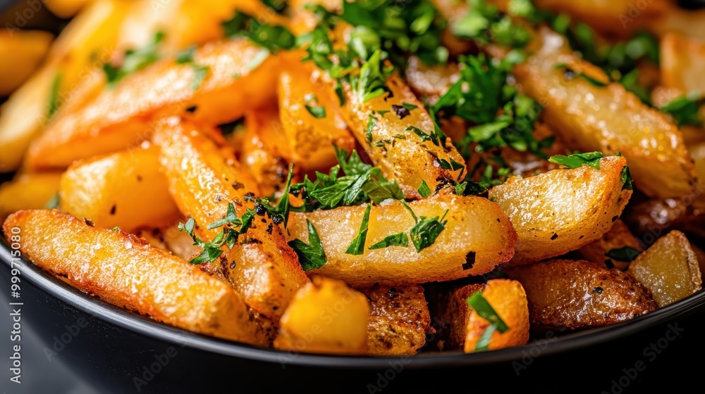 A detailed image of golden-brown potato wedges, freshly prepared and generously garnished with chopped green herbs, perfect for highlighting their appetizing appearance and flavor. A detailed image of golden-brown potato wedges, freshly prepared and generously garnished with chopped green herbs, perfect for highlighting their appetizing appearance and flavor.