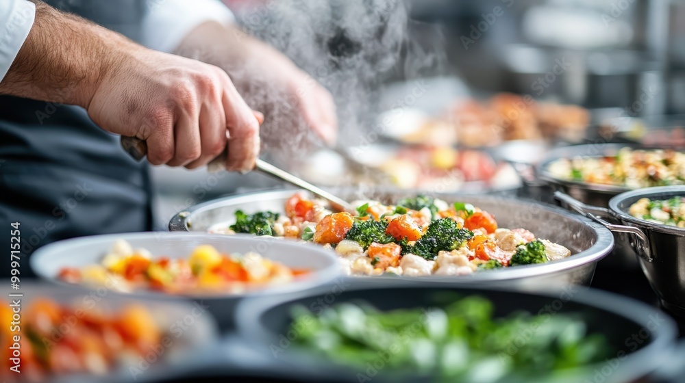 This image depicts a chef preparing a colorful stir-fry with vegetables and meat in a professional kitchen filled with steam, highlighting fresh ingredients and culinary skills. This image depicts a chef preparing a colorful stir-fry with vegetables and meat in a professional kitchen filled with steam, highlighting fresh ingredients and culinary skills.