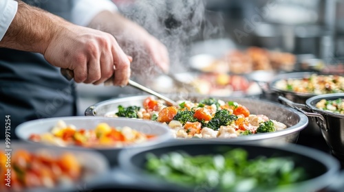 This image depicts a chef preparing a colorful stir-fry with vegetables and meat in a professional kitchen filled with steam, highlighting fresh ingredients and culinary skills.