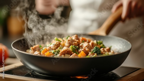 A chef is using a wooden spoon to stir a mix of vegetables and meat in a hot frying pan, capturing the essence of fresh cooking in a lively kitchen filled with steam. photo