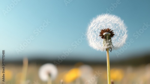 This image captures a lone dandelion seed head standing against a clear blue spring sky, with its delicate, white seeds ready to be dispersed by the wind. photo