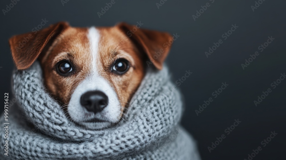 An image of a dog swaddled in grey knitwear with ears showing, set against a minimalistic black background, portraying warmth, comfort, and simplicity. An image of a dog swaddled in grey knitwear with ears showing, set against a minimalistic black background, portraying warmth, comfort, and simplicity.