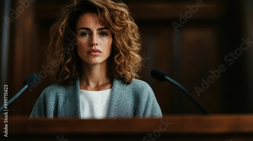 A female judge with curly hair wears a grey sweater, standing at a wooden courtroom dock, representing law and justice, with a serious expression of authority. photo