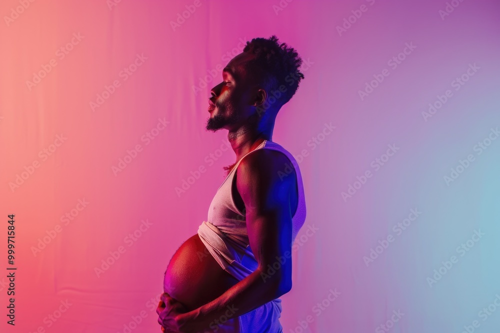 A person standing against a bright pink and blue gradient A person standing against a bright pink and blue gradient