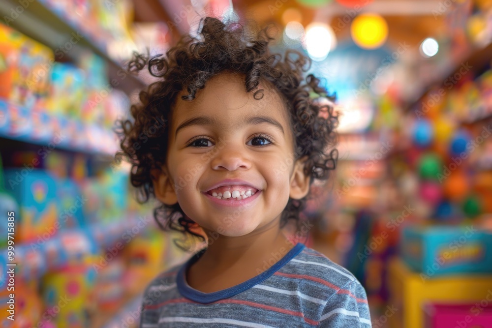 A happy young boy browsing toys in a colorful store A happy young boy browsing toys in a colorful store