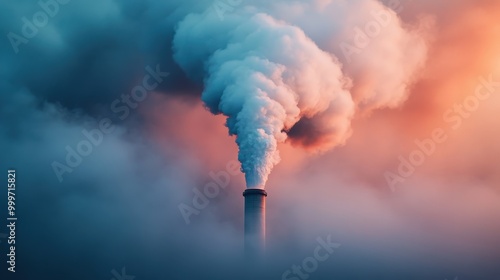 A tall industrial chimney releases a thick cloud of smoke into the colorful sky during sunset, symbolizing pollution and environmental impact by industry. photo